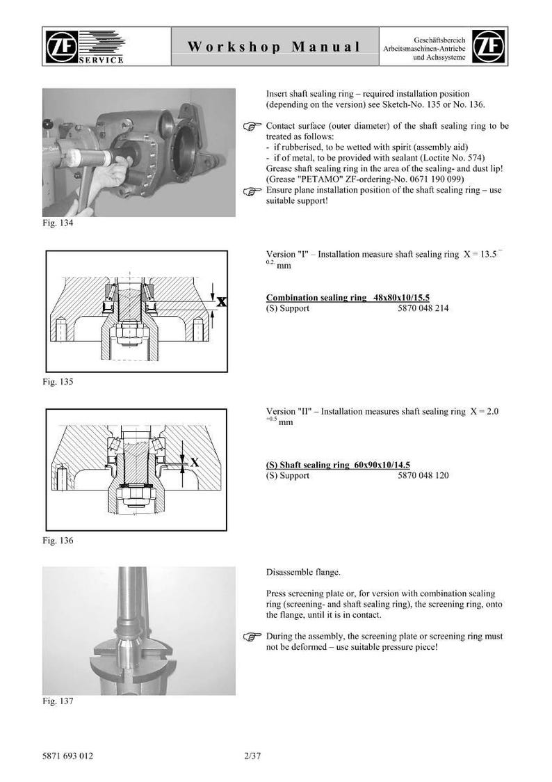 K&ouml;nnte beinhalten: Eine Werkstatthandbuchseite mit Diagrammen und Anweisungen f&uuml;r den Einbau eines Wellendichtrings. Das Handbuch enth&auml;lt technische Zeichnungen, Ma&szlig;e in mm und Text in englischer Sprache. Das ZF Service Logo ist sichtbar.