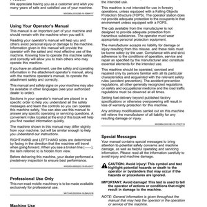 May include: A John Deere operator's manual with the title "Introduction" at the top. The manual provides safety information, machine operation instructions, and special messages. It is for professional use and machine use.