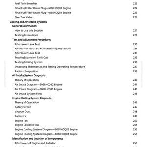 May include: A page from a manual with a table of contents. The text includes sections on fuel systems, cooling, air intake, and engine diagnostics. Page numbers are listed on the right side.