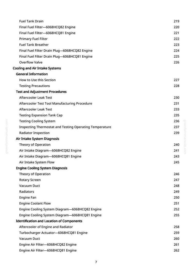 May include: A page from a manual with a table of contents. The text includes sections on fuel systems, cooling, air intake, and engine diagnostics. Page numbers are listed on the right side.