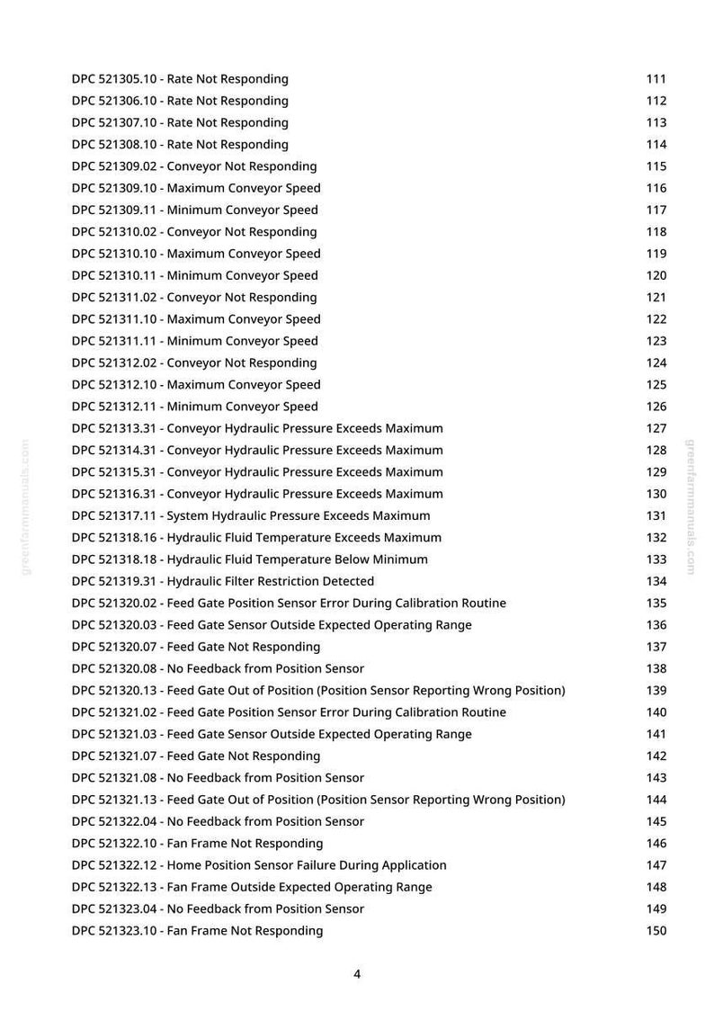 Pode incluir: Um documento branco com uma lista de c&oacute;digos de erro e descri&ccedil;&otilde;es, como "Rate Not Responding" e "Maximum Conveyor Speed". O documento inclui uma lista numerada de 111 a 150, com o logotipo greenfarmmanuals.com.
