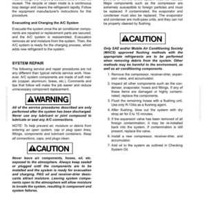 May include: A detailed technical manual page with instructions for air conditioning system repair and maintenance. Includes warnings, cautions, and step-by-step procedures for recycling, evacuation, charging, and flushing the system. Text and diagrams are included.