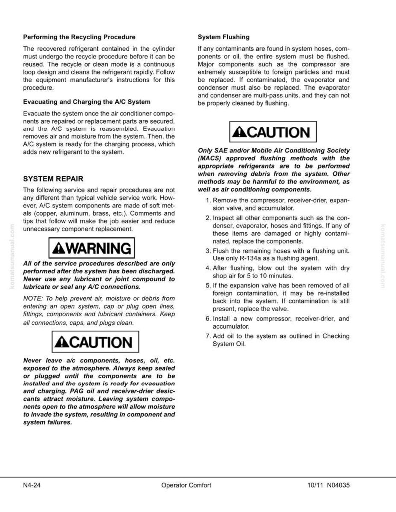 May include: A detailed technical manual page with instructions for air conditioning system repair and maintenance. Includes warnings, cautions, and step-by-step procedures for recycling, evacuation, charging, and flushing the system. Text and diagrams are included.