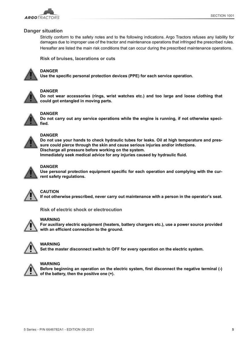 May include: A white document with black text detailing safety warnings for Argo Tractors. Warnings include wearing PPE, avoiding loose clothing, and not checking hydraulic tubes for leaks. The document also warns against electric shock.