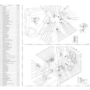 May include: A detailed technical diagram with multiple views of heavy machinery components. The image includes exploded views, part numbers, and labels, providing a comprehensive guide for assembly and maintenance. The diagrams are in black and white.
