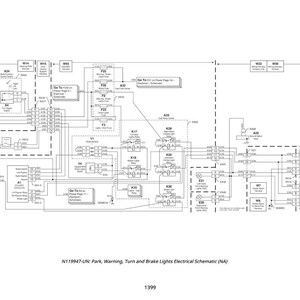 K&ouml;nnte beinhalten: Detaillierte elektrische Schaltplan in Schwarzwei&szlig;, beschriftet mit "N119947-UN: Park, Warning, Turn and Brake Lights Electrical Schematic (NA)". Das Diagramm enth&auml;lt verschiedene Komponenten, Linien und Text, mit der Nummer 1399 unten.