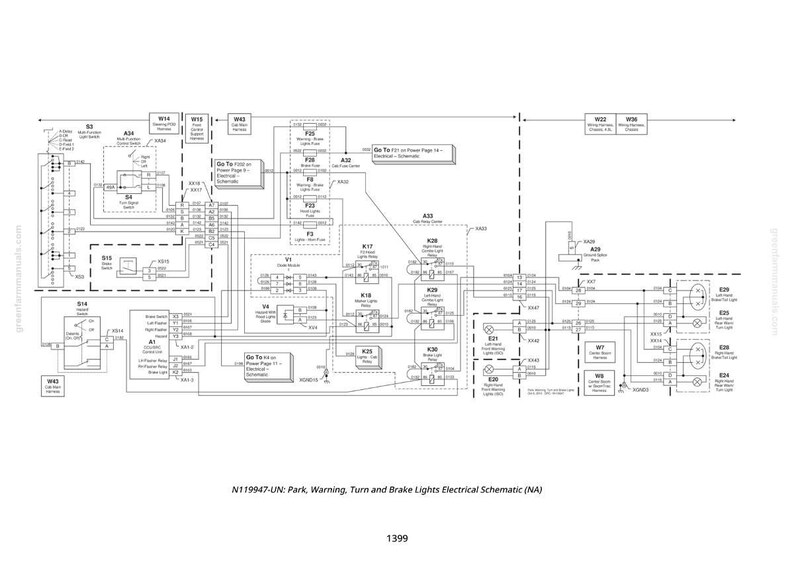 K&ouml;nnte beinhalten: Detaillierte elektrische Schaltplan in Schwarzwei&szlig;, beschriftet mit "N119947-UN: Park, Warning, Turn and Brake Lights Electrical Schematic (NA)". Das Diagramm enth&auml;lt verschiedene Komponenten, Linien und Text, mit der Nummer 1399 unten.
