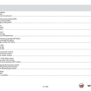 May include: A manual page featuring a table of contents in German, English, and French. It details components such as fuel tank, air cleaner, and exhaust pipe. The Weidemann logo is visible at the bottom of the page.