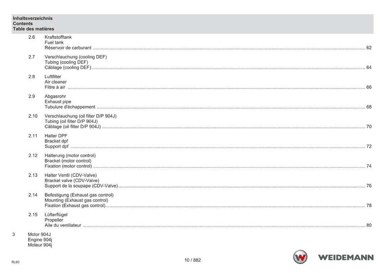 May include: A manual page featuring a table of contents in German, English, and French. It details components such as fuel tank, air cleaner, and exhaust pipe. The Weidemann logo is visible at the bottom of the page.