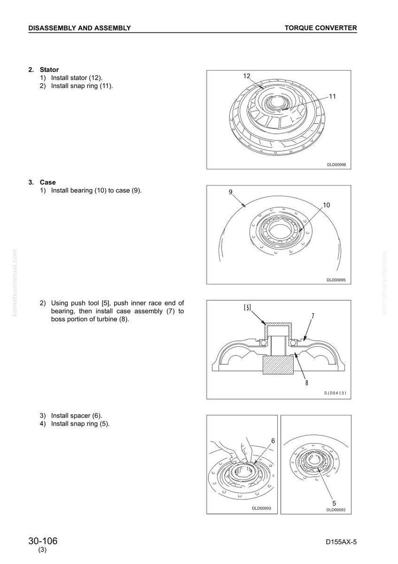 K&ouml;nnte beinhalten: Diagramm zur Demontage und Montage eines Drehmomentwandlers. Die Abbildung zeigt verschiedene Komponenten, darunter Stator, Sprengringe, Lager und Geh&auml;usebaugruppe, mit nummerierten Bezeichnungen.