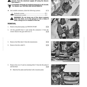 K&ouml;nnte beinhalten: Eine schwarz-wei&szlig;e Seite eines technischen Handbuchs mit detaillierten Verfahren zum Aus- und Einbau des Getriebes. Die Seite enth&auml;lt Diagramme, Warnhinweise und nummerierte Schritte f&uuml;r mechanische Arbeiten.