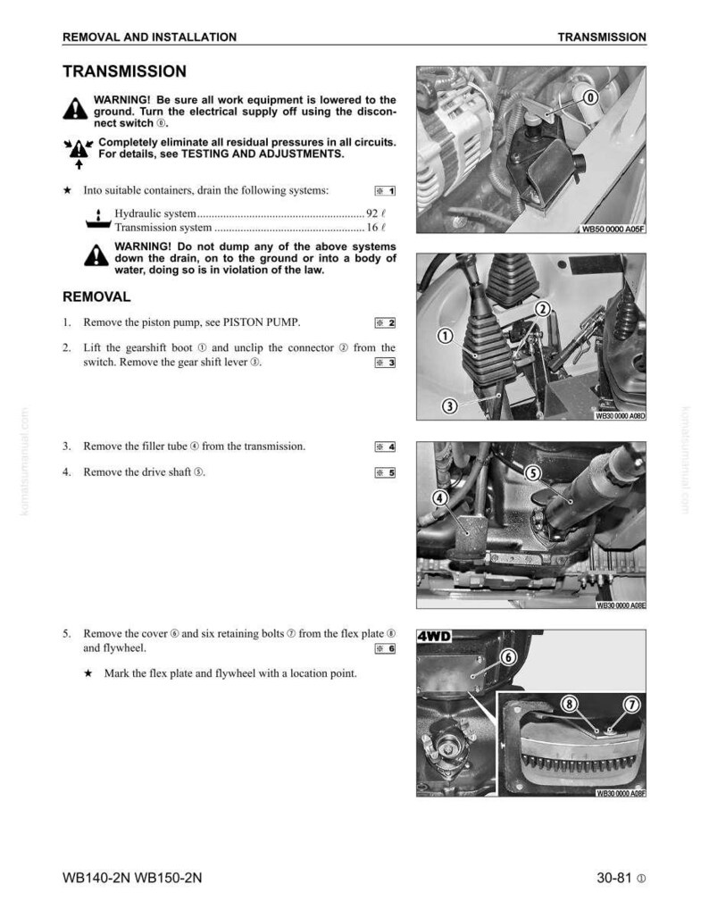 K&ouml;nnte beinhalten: Eine schwarz-wei&szlig;e Seite eines technischen Handbuchs mit detaillierten Verfahren zum Aus- und Einbau des Getriebes. Die Seite enth&auml;lt Diagramme, Warnhinweise und nummerierte Schritte f&uuml;r mechanische Arbeiten.