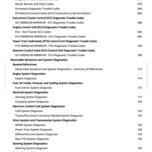 May include: A white page with a detailed table of contents for diagnostic trouble codes, including engine, electrical, and hydraulic systems. The text is black and organised in a clear, easy-to-read format.