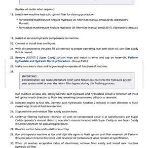 May include: A page from a manual with instructions for hydraulic system maintenance. The text includes steps for cleaning, flushing, and replacing filters, with warnings about contamination and component failure. The page number is 485.