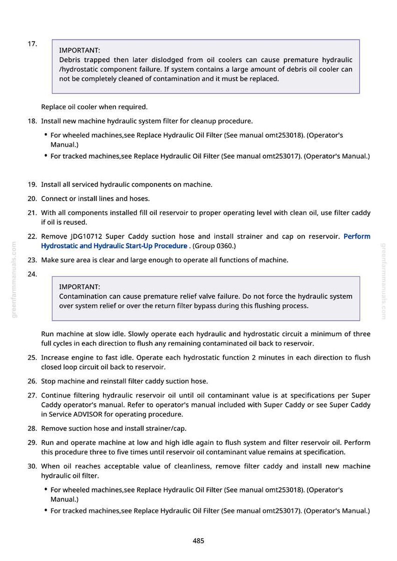 May include: A page from a manual with instructions for hydraulic system maintenance. The text includes steps for cleaning, flushing, and replacing filters, with warnings about contamination and component failure. The page number is 485.