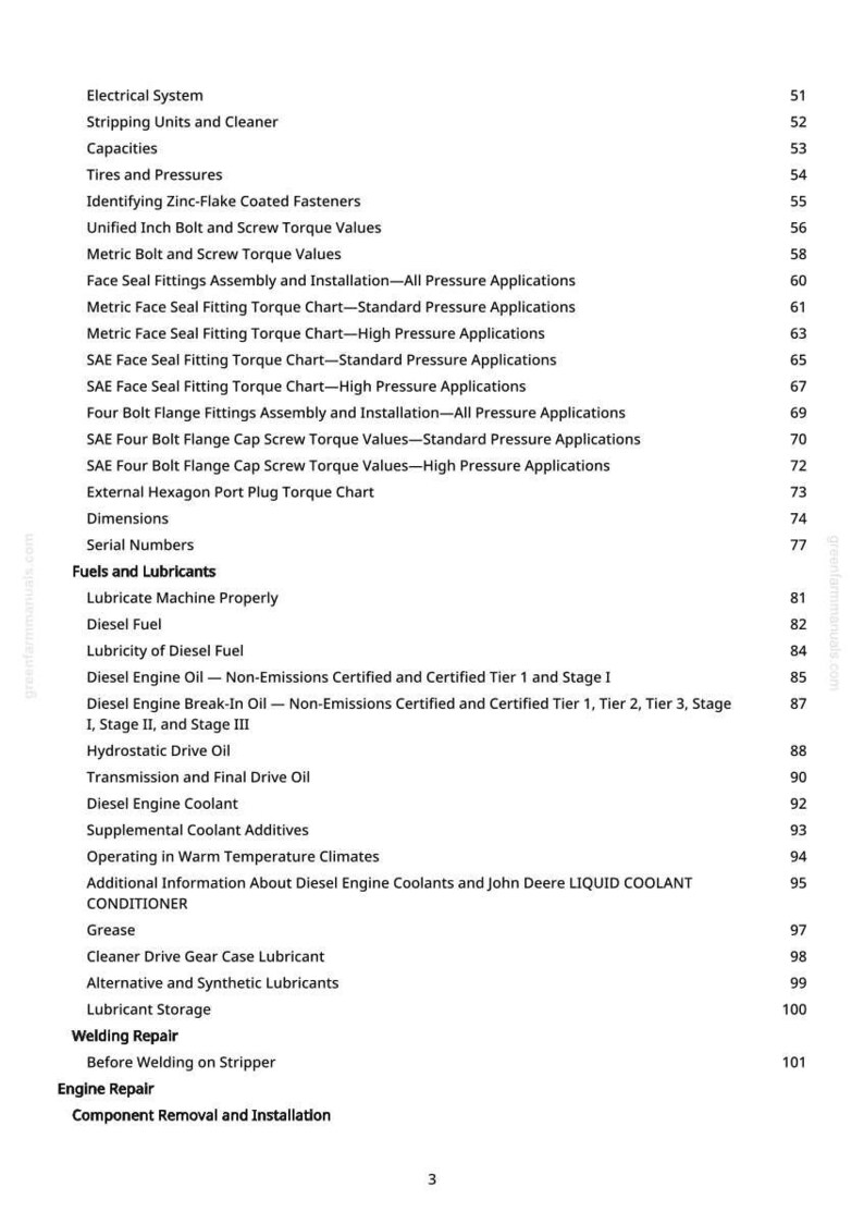 Puede incluir: Una p&aacute;gina blanca de un manual con una tabla de contenidos. El texto incluye temas como "Sistema el&eacute;ctrico", "Combustibles y lubricantes" y "Reparaci&oacute;n del motor". Los n&uacute;meros de p&aacute;gina se enumeran a la derecha.