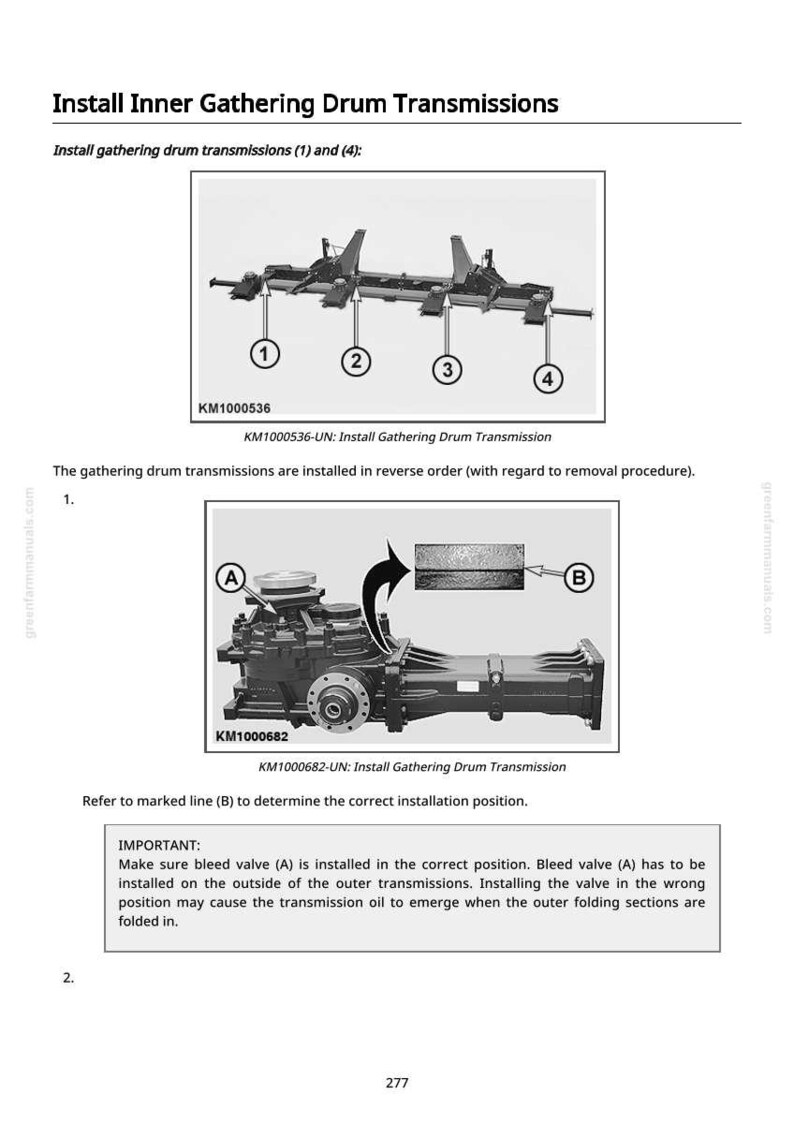 May include: Diagram of inner gathering drum transmissions with numbered components and installation instructions. Includes a detailed view of a transmission with labeled parts and text instructions for correct assembly.
