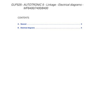 K&ouml;nnte beinhalten: Ein wei&szlig;es Dokument mit schwarzem Text, das elektrische Schaltpl&auml;ne detailliert. Das Dokument tr&auml;gt den Titel "AUTOTRONIC 5 - Linkage - Electrical diagrams - MF6400/7400/8400" und enth&auml;lt ein Inhaltsverzeichnis. Das Dokument ist mit GUF525.1 gekennzeichnet.