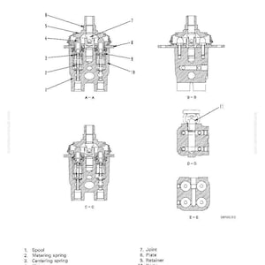 May include: Diagram of a swing PPC valve, labeled with parts like spool, piston, and filter. The image shows cross-sectional views labeled A-A, B-B, C-C, D-D, and E-E. Text at the top reads "STRUCTURE AND FUNCTION" and "WORK EQUIPMENT - SWING PPC VALVE."