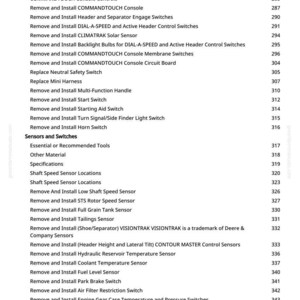 May include: A printed page from a manual with a list of instructions for machinery maintenance. The text includes terms like "Sensors and Switches" and "Remove and Install" followed by various components.