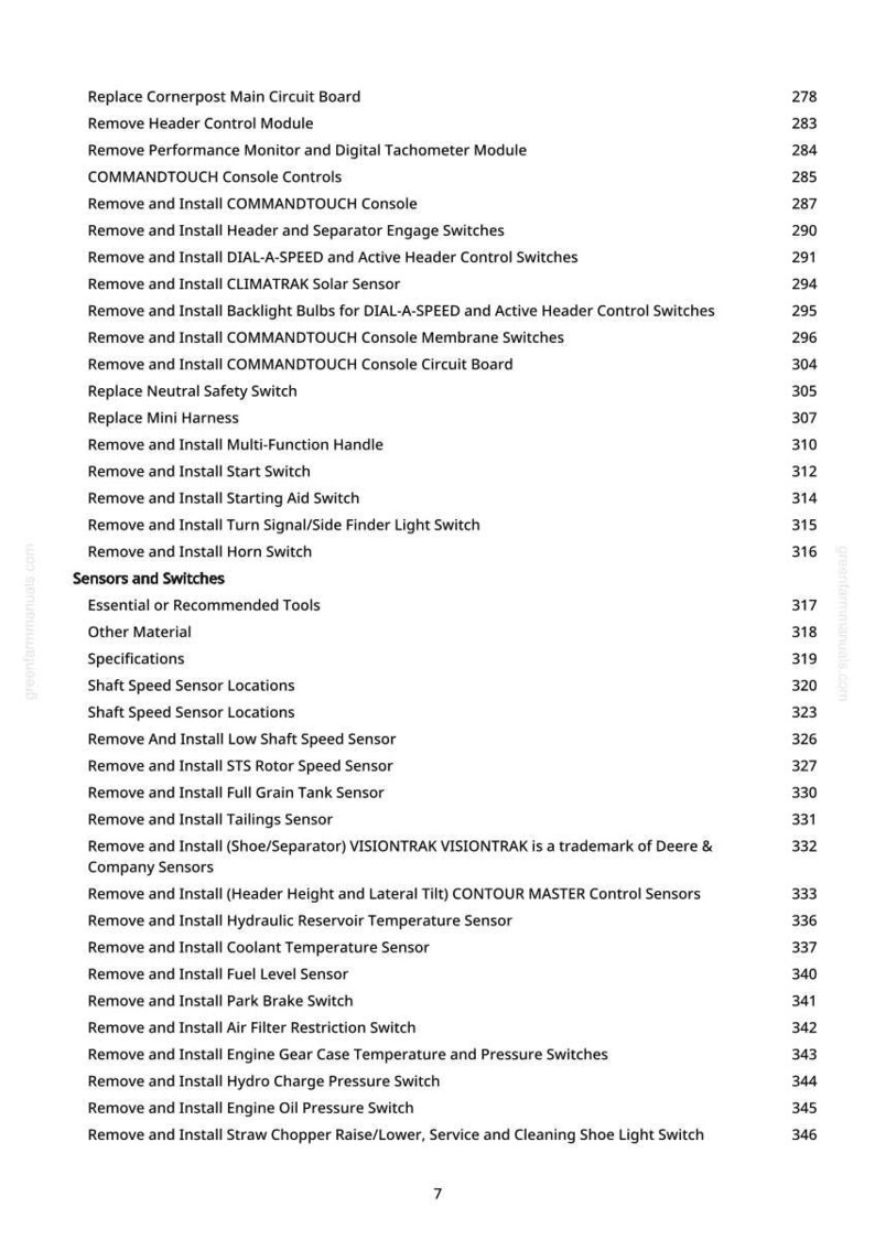May include: A printed page from a manual with a list of instructions for machinery maintenance. The text includes terms like "Sensors and Switches" and "Remove and Install" followed by various components.