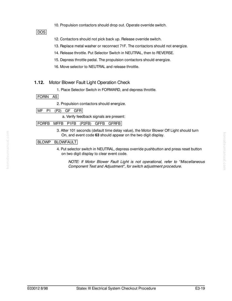 K&ouml;nnte beinhalten: Eine wei&szlig;e Seite mit schwarzem Text, der eine Motor Blower Fault Light Operation Check detailliert. Anweisungen umfassen Schritte zur &Uuml;berpr&uuml;fung der Antriebskontakte und der Wahlschalterpositionen. Das Dokument tr&auml;gt die Bezeichnung "Statex III Electrical System Checkout Procedure".