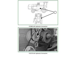 Puede incluir: Diagrama de un sistema de conexi&oacute;n hidr&aacute;ulica, titulado "X3-Hydraulic Connection-Threshing Auger Speed Adjust Cylinder." Incluye dos im&aacute;genes: un esquema de una m&aacute;quina y una foto de un componente mec&aacute;nico. Las etiquetas de texto incluyen "YC3682-UN: Hydraulic Connection" y "YC5275-UN: Hydraulic Connection."