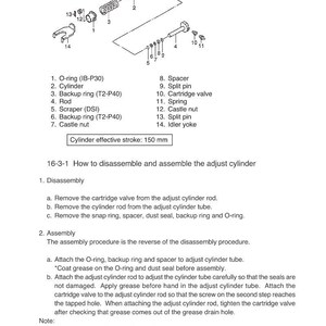 May include: Diagram of the disassembly and assembly of a cylinder, with labeled parts including O-rings, springs, and valves. The text indicates a cylinder effective stroke of 150 mm.