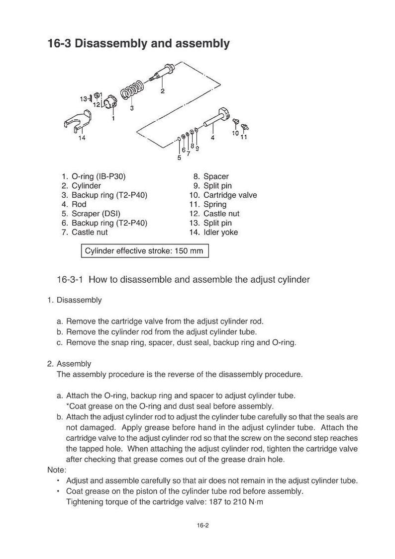 May include: Diagram of the disassembly and assembly of a cylinder, with labeled parts including O-rings, springs, and valves. The text indicates a cylinder effective stroke of 150 mm.
