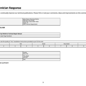 May include: A white form titled "Service Technician Response" with text fields for comments and contact information. The form includes a section to rate the quality of installation instructions. The document is for technical publications feedback.