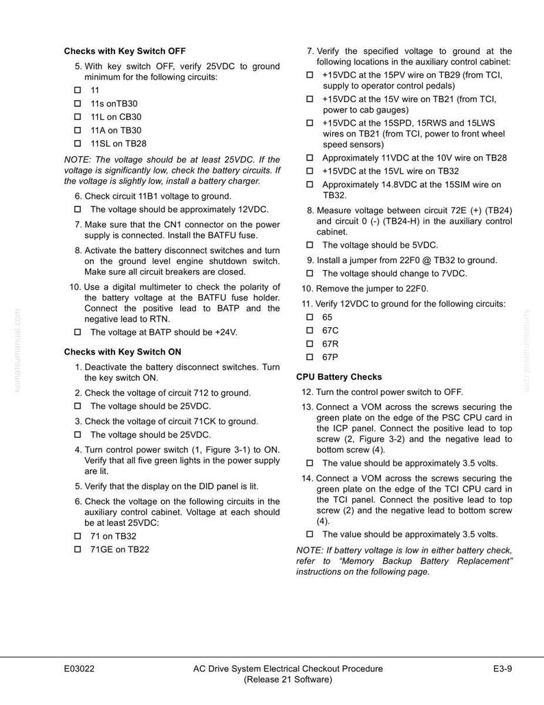 May include: A detailed technical document titled "AC Drive System Electrical Checkout Procedure" with multiple steps and voltage checks. Includes diagrams and instructions for electrical system diagnostics.