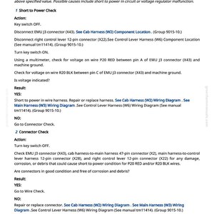 May include: A technical document with the title "003597.03 - 5 Volt Sensor Supply 1 Out of Range High." The document provides instructions for troubleshooting and checking electrical components, including connectors and wiring diagrams. The text is in black font on a white background.