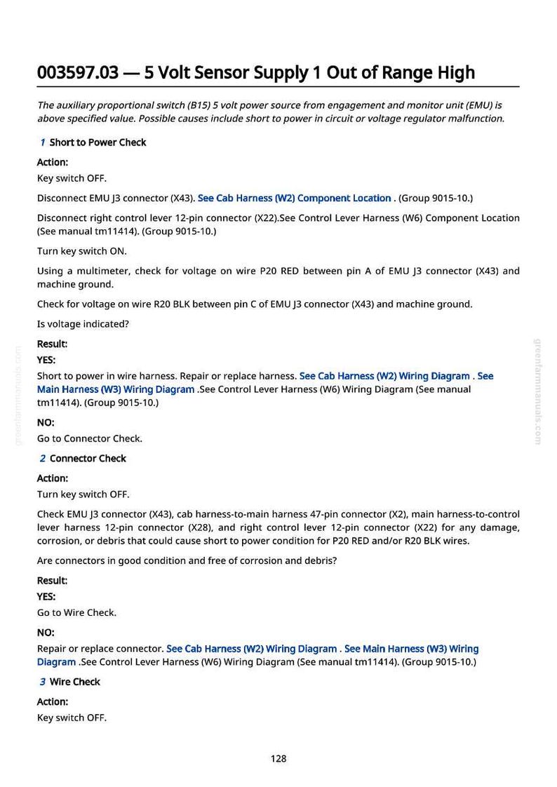May include: A technical document with the title "003597.03 - 5 Volt Sensor Supply 1 Out of Range High." The document provides instructions for troubleshooting and checking electrical components, including connectors and wiring diagrams. The text is in black font on a white background.