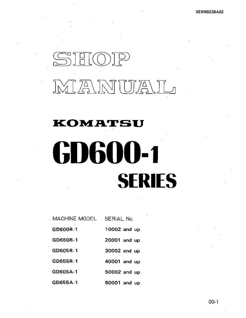 Puede incluir: Una portada de manual de taller blanca con el texto "SHOP MANUAL" en negrita y contorneado. Debajo, se muestran los textos "KOMATSU" y "GD600-1 SERIES". La parte inferior de la p&aacute;gina enumera los modelos de m&aacute;quinas y los n&uacute;meros de serie.