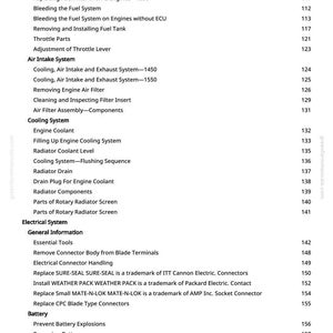 May include: A page from a greenfarmmanuals.com manual with a table of contents. Topics include fuel filters, air intake, cooling, electrical, and battery systems. Page numbers are listed on the right.