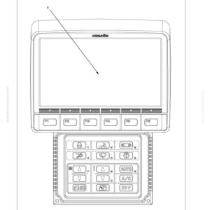 May include: Diagram of a machine monitor with the Komatsu logo, featuring a screen and control panel. The panel includes buttons labelled P1 to P6, and climate control options like A/C and OFF. Text at the top reads "Special functions of machine monitor."