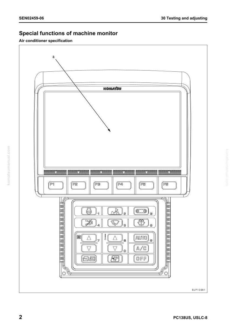 May include: Diagram of a machine monitor with the Komatsu logo, featuring a screen and control panel. The panel includes buttons labelled P1 to P6, and climate control options like A/C and OFF. Text at the top reads "Special functions of machine monitor."
