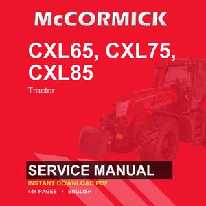 Può includere: Copertina rossa del manuale di servizio con il logo McCormick e i numeri di modello del trattore CXL65, CXL75 e CXL85. L'immagine include un trattore rosso e il testo "SERVICE MANUAL". Il manuale è disponibile come download PDF immediato.