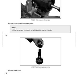 K&ouml;nnte beinhalten: Schwarz-Wei&szlig;-Bilder aus einem Handbuch, die Schritte zur Autoreparatur zeigen. Das erste Bild zeigt, wie ein Teil mit einem Gummihammer entfernt wird. Das zweite Bild zeigt eine Hand, die ein Teil &uuml;ber einem anderen Teil h&auml;lt. Text enth&auml;lt "Entfernen Sie das Ritzel" und "Distanzring entfernen."