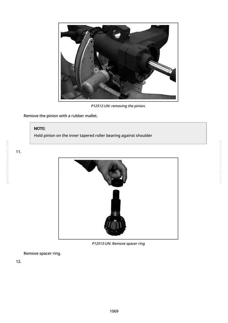 K&ouml;nnte beinhalten: Schwarz-Wei&szlig;-Bilder aus einem Handbuch, die Schritte zur Autoreparatur zeigen. Das erste Bild zeigt, wie ein Teil mit einem Gummihammer entfernt wird. Das zweite Bild zeigt eine Hand, die ein Teil &uuml;ber einem anderen Teil h&auml;lt. Text enth&auml;lt "Entfernen Sie das Ritzel" und "Distanzring entfernen."