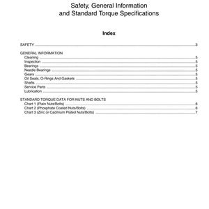 May include: A white document with black text detailing safety information and standard torque specifications. The document includes an index with sections on general information and standard torque data for nuts and bolts.