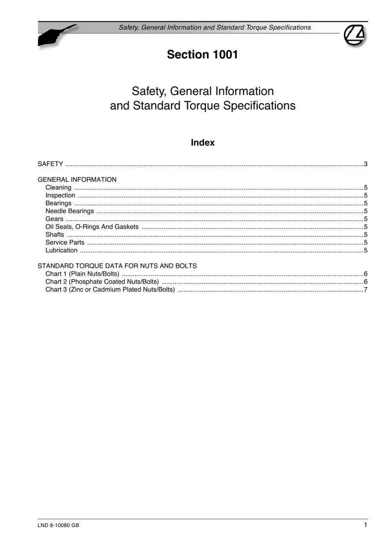 May include: A white document with black text detailing safety information and standard torque specifications. The document includes an index with sections on general information and standard torque data for nuts and bolts.