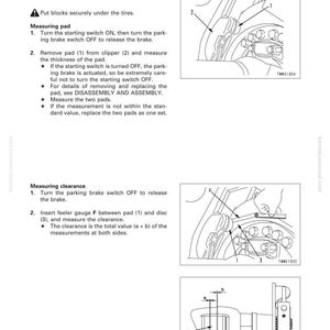 Op de afbeelding: Een pagina uit een handleiding getiteld "Testen en afstellen parkeerrem". Het bevat diagrammen en instructies voor het meten en afstellen van remblokken en speling. De tekst is in het Engels.