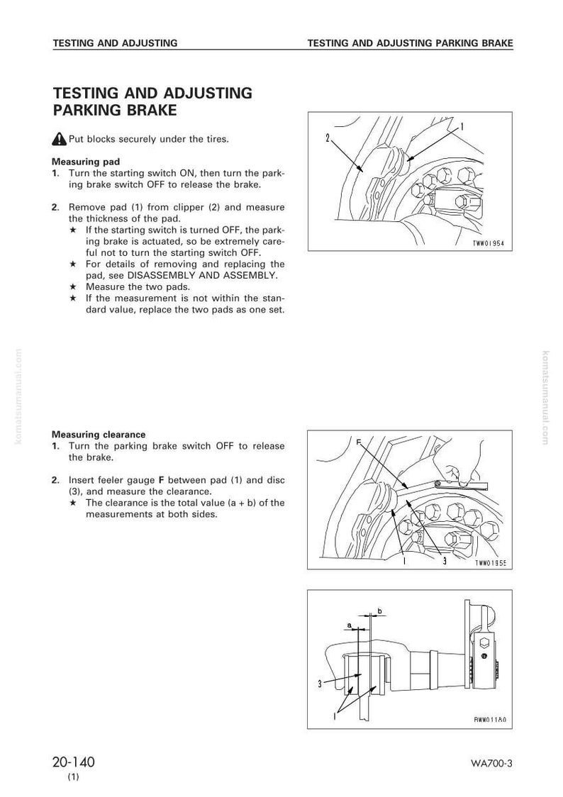 Op de afbeelding: Een pagina uit een handleiding getiteld "Testen en afstellen parkeerrem". Het bevat diagrammen en instructies voor het meten en afstellen van remblokken en speling. De tekst is in het Engels.
