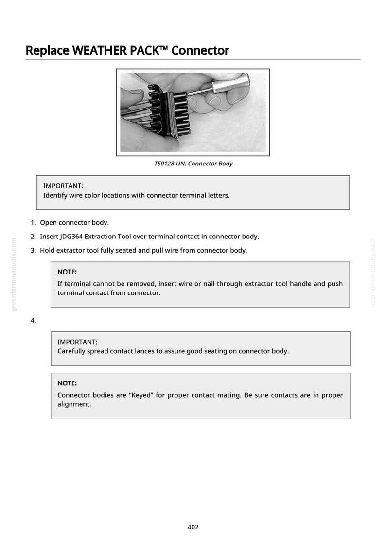 Puede incluir: Imagen de un conector WEATHER PACK&trade; con instrucciones. La imagen muestra un cuerpo del conector y una herramienta que se utiliza para extraer un cable. El texto incluye instrucciones de uso y notas de seguridad.