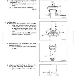 May include: Diagram of axle housing disassembly and assembly steps. Includes illustrations of setting bearings, installing tools, and aligning housing components. Text labels identify parts like the axle shaft, bearing, and oil seal.