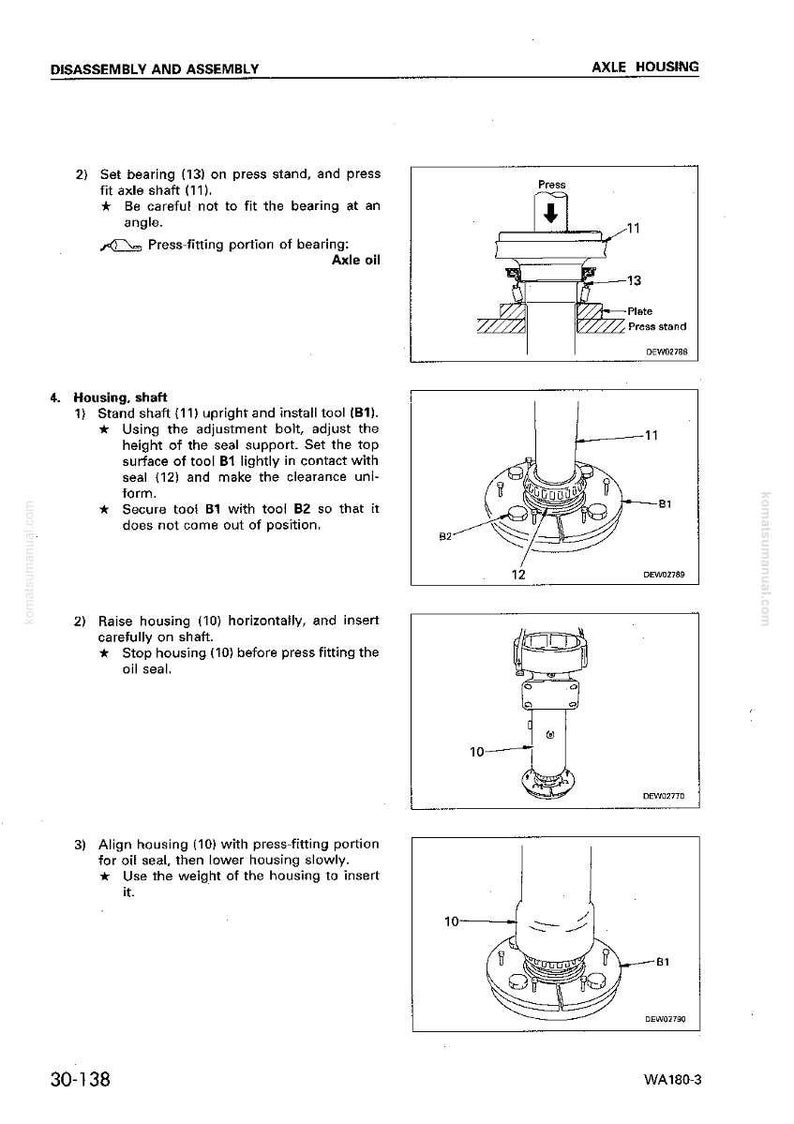 May include: Diagram of axle housing disassembly and assembly steps. Includes illustrations of setting bearings, installing tools, and aligning housing components. Text labels identify parts like the axle shaft, bearing, and oil seal.
