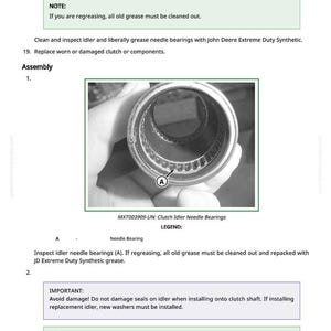 May include: A detailed image of a metal idler needle bearing, with the text "MXT003909-UN: Clutch Idler Needle Bearings" and a legend. This image is part of an assembly guide.