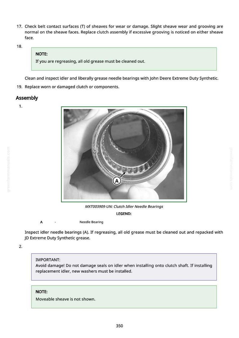 May include: A detailed image of a metal idler needle bearing, with the text "MXT003909-UN: Clutch Idler Needle Bearings" and a legend. This image is part of an assembly guide.