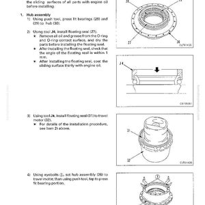 May include: Diagram of final drive assembly with labeled parts. Includes illustrations of hub assembly, floating seals, and travel motor components. Text instructions detail the assembly process.